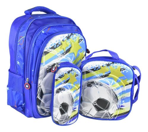 Set Mochila Lonchera Térmica Y Cartuchera 3d Futbol Koala Azul