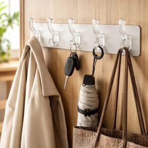 Tira Adhesiva De 6 Ganchos Dobles De Pared Transparentes Blanco