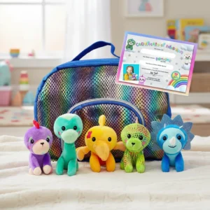 Set X5 Dinosaurios De Peluche + Bolso Tornasolado