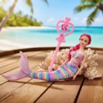 Muñeca Sirena Pelo Rosa Lentejuelas Arcoiris Con Varita Magi - Imagen 2