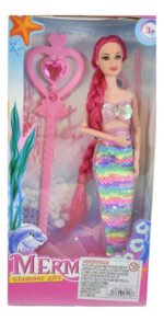 Muñeca Sirena Pelo Rosa Lentejuelas Arcoiris Con Varita Magi - Imagen 4