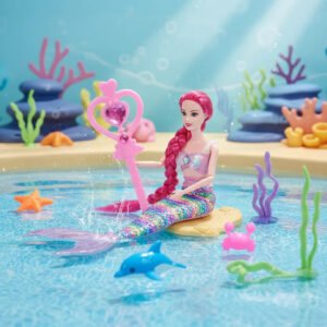 Muñeca Sirena Pelo Rosa Lentejuelas Arcoiris Con Varita Magi